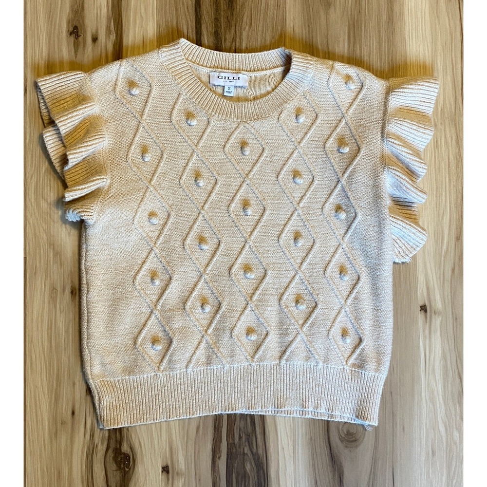Gilli Women Beige Ruffle Sleeve Pom Pom Diamond Cable Knit Sweater Top Small